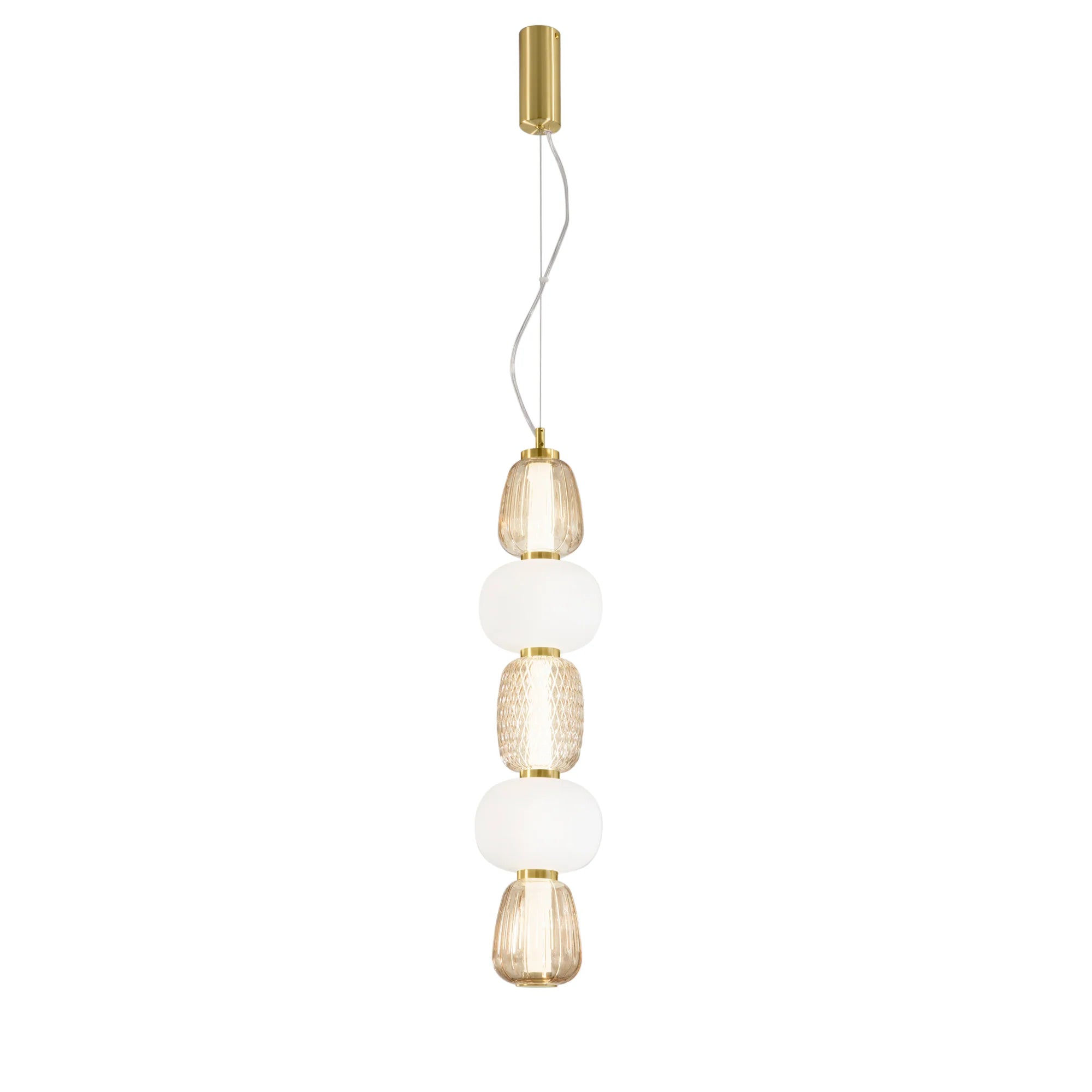 Sospensione LED metallo e vetro soffiato bianco-oro vari modelli luce calda 3000°k TOTEM Sospensione LED metallo e vetro soffiato bianco-oro vari modelli luce calda 3000°k TOTEM